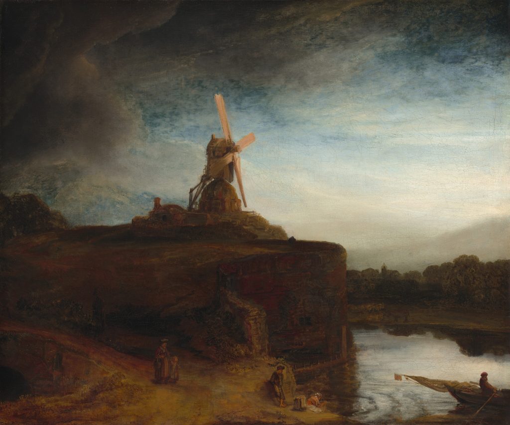 Rembrandt van Rijn’in The Mill adlı eserinde, su kenarındaki değirmen fırtınalı bir gökyüzünün altında görülüyor.