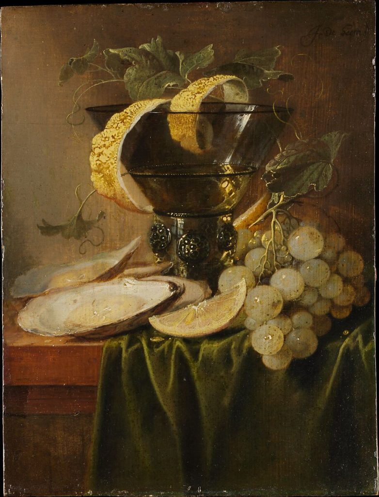 Jan Davidsz de Heem'in natürmortunda roemer kadehine dolanan uzun soyulmuş limon kabuğu, istiridyeler ve üzüm salkımı