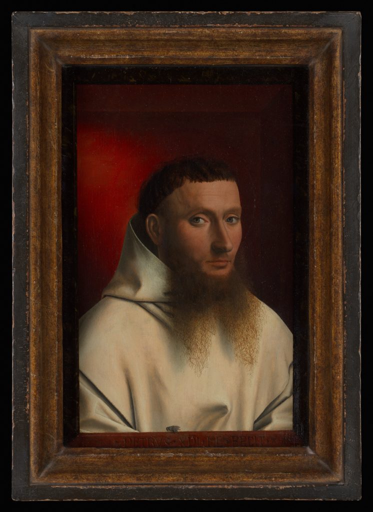 Petrus Christus'un Kartuz rahibi portresi; alt kenardaki boyalı şeritte küçük bir sinek.