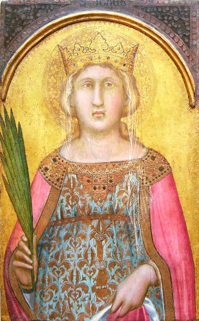 Pietro Lorenzetti’nin İskenderiyeli Azize Katerina tablosunda altın zemin, işlemeli hale ve taçla çevrili azize figürü.