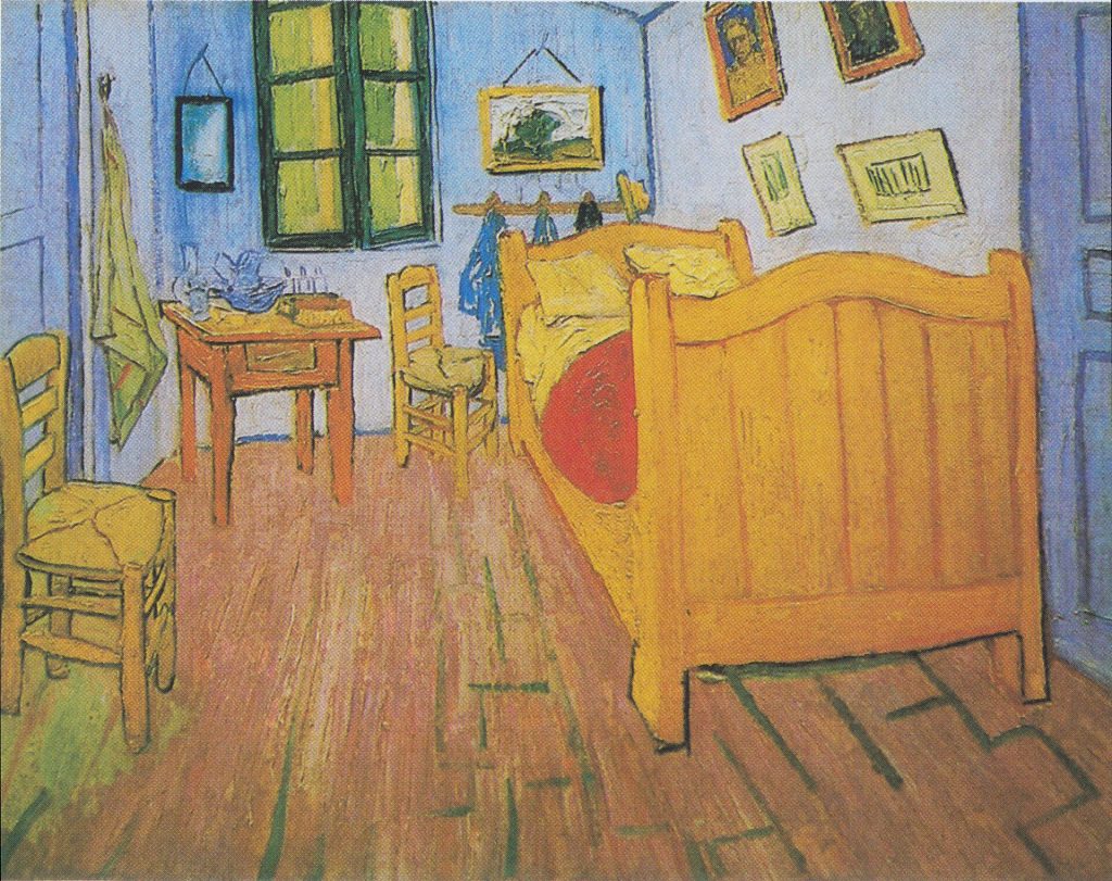 Vincent van Gogh'un 1888 tarihli Yatak Odası tablosu; ahşap yatak, iki sandalye ve mavi tonlarda görünen duvarlar